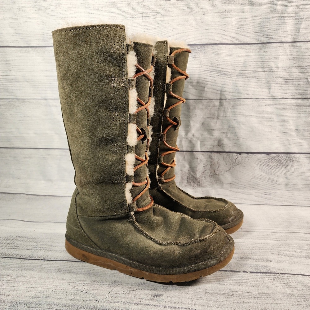 UGG Australia Whitley Womens 6 Tall Boots Olive Green Suede Shearling Trim